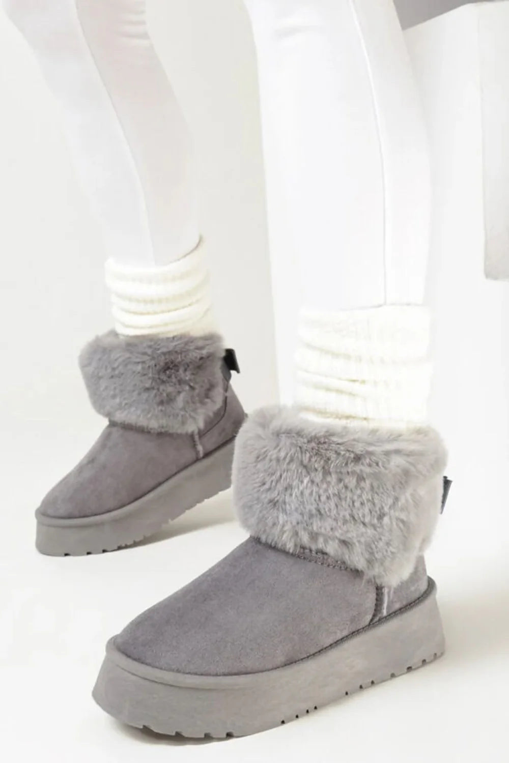 Grey Faux Fur Lined Chunky Platform Bow Detail Fur Collar Ankle Boots