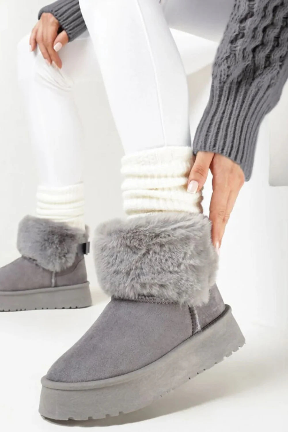 Grey Faux Fur Lined Chunky Platform Bow Detail Fur Collar Ankle Boots