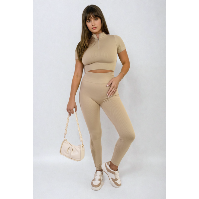 Ayah Ribbed Half Zip Crop Top and High Waist Leggings Co-ord Set - 8 colours