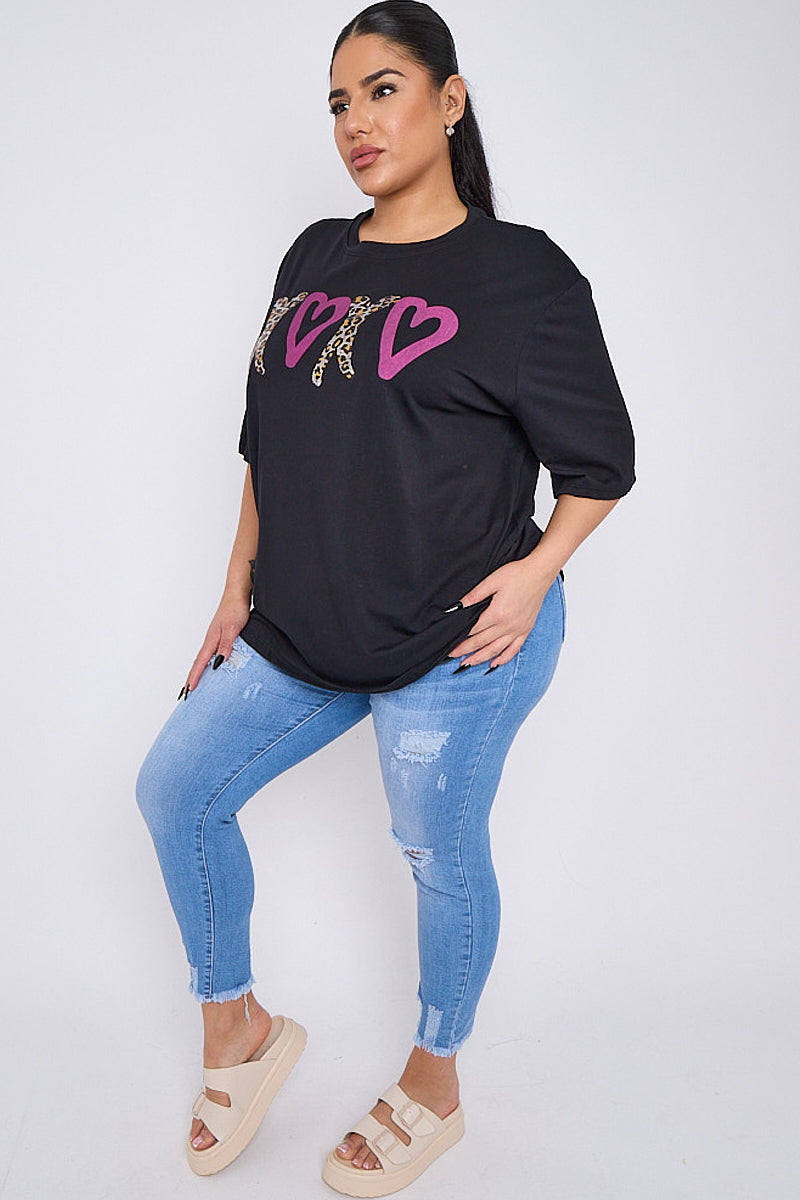 Curve Pink Heart Leopard Print Short Sleeve T Shirt - 3 colours