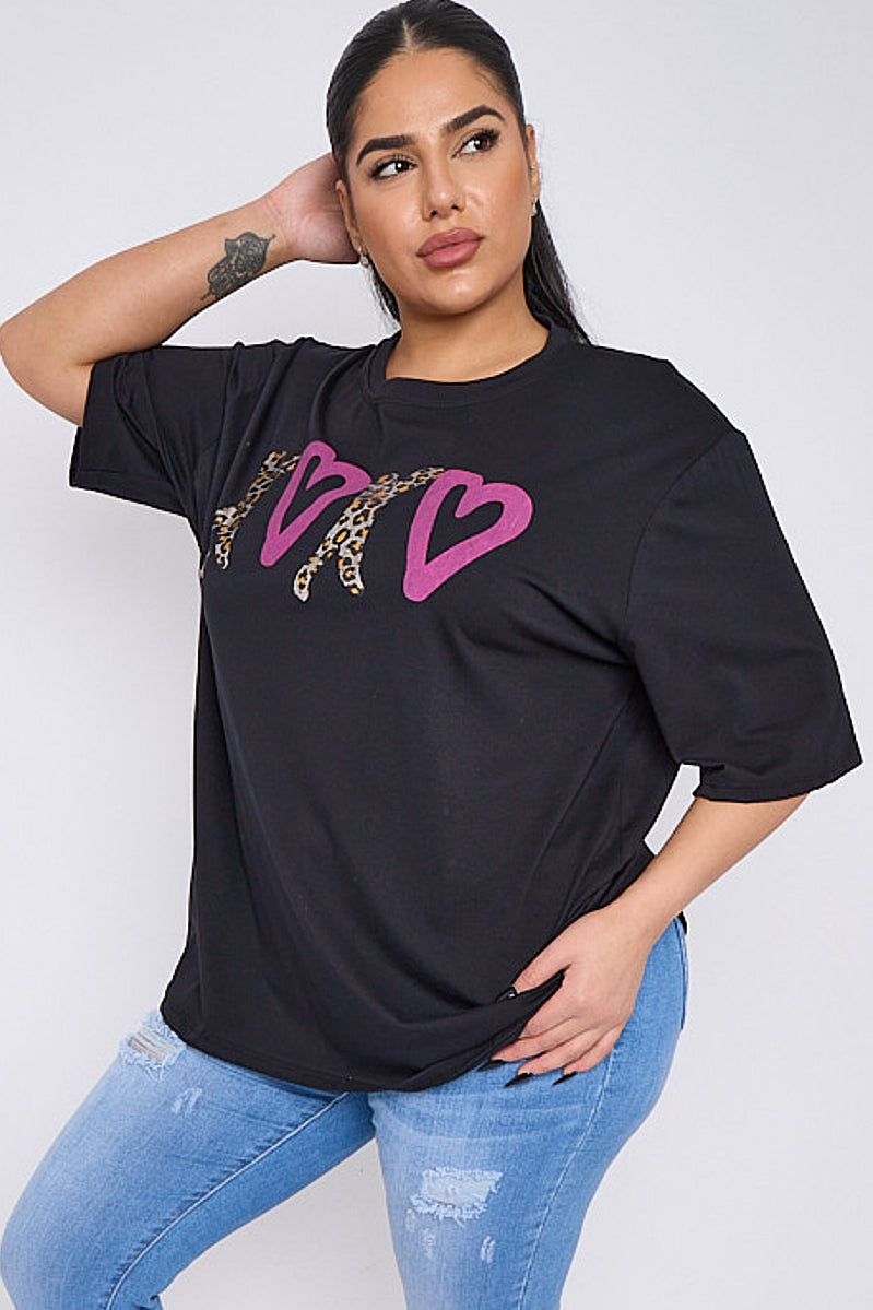 Curve Pink Heart Leopard Print Short Sleeve T Shirt - 3 colours