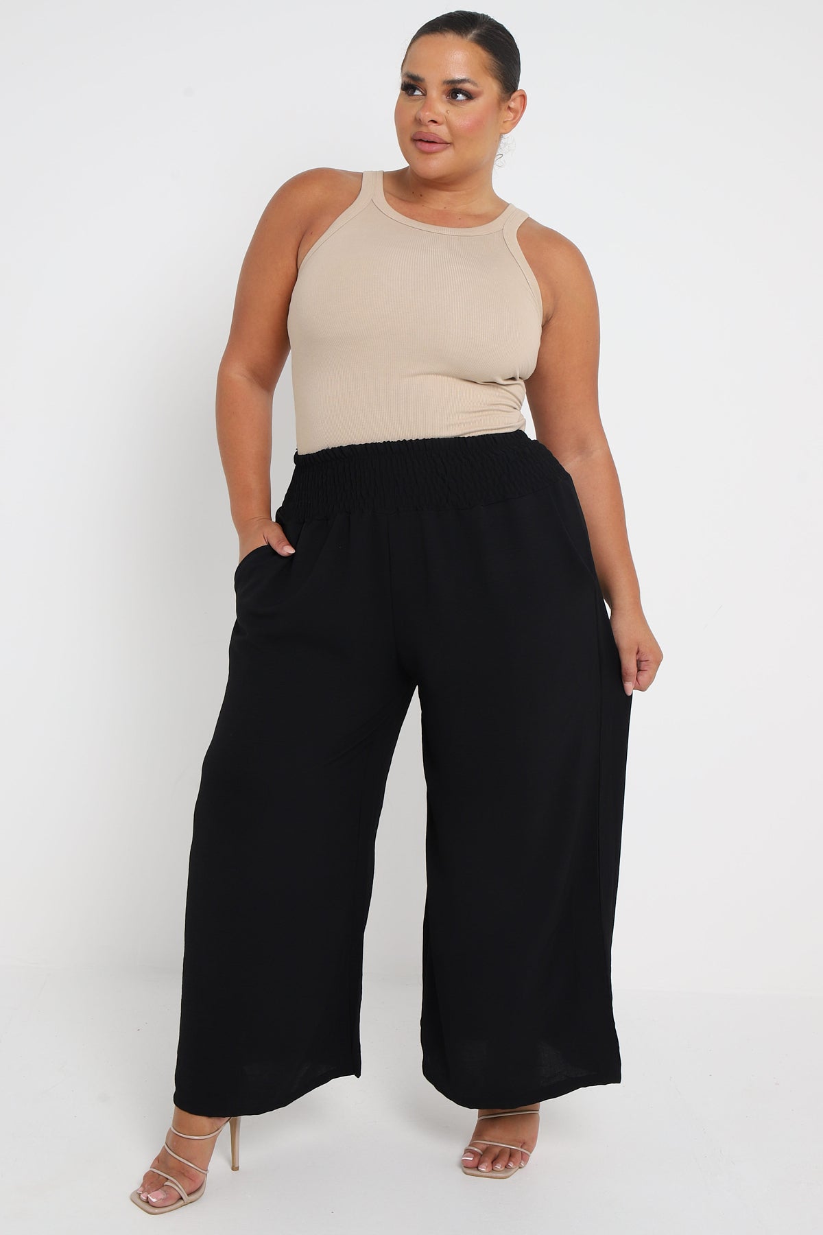 Curve Black Wide Leg Trousers Elasticated Waistband With Pockets