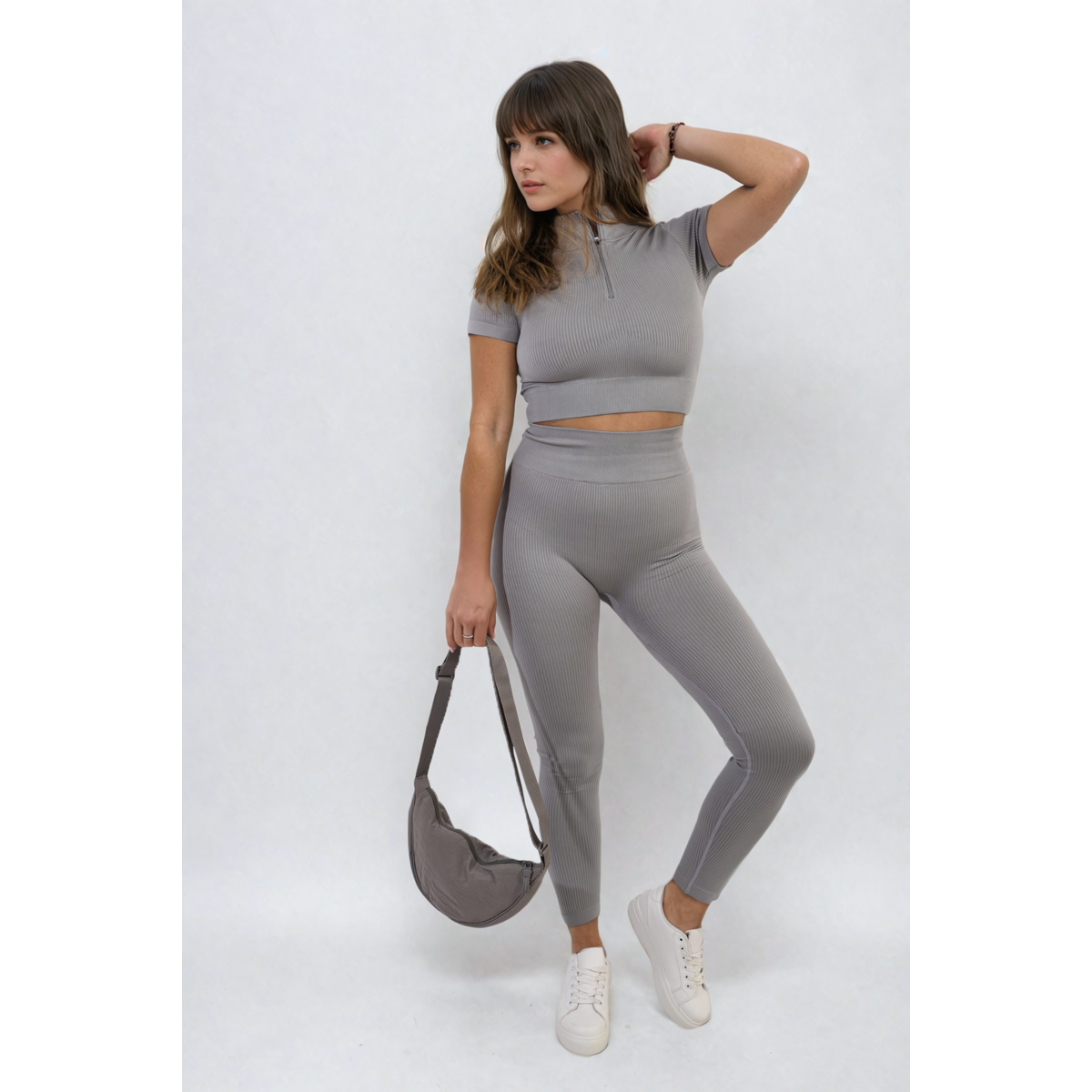 Ayah Ribbed Half Zip Crop Top and High Waist Leggings Co-ord Set - 8 colours