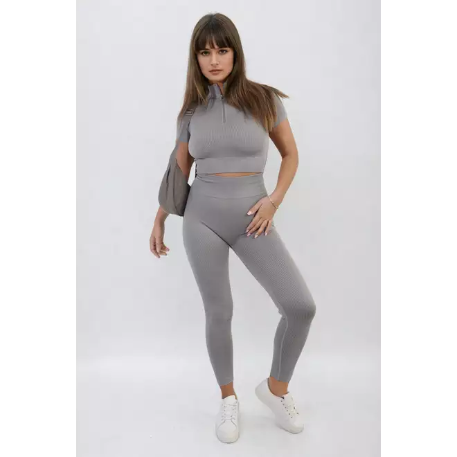 Ayah Ribbed Half Zip Crop Top and High Waist Leggings Co-ord Set - 8 colours