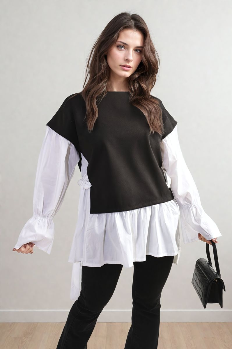 Alicia Side Tie Contrast Long Sleeve Knit Frill Top - 4 colours