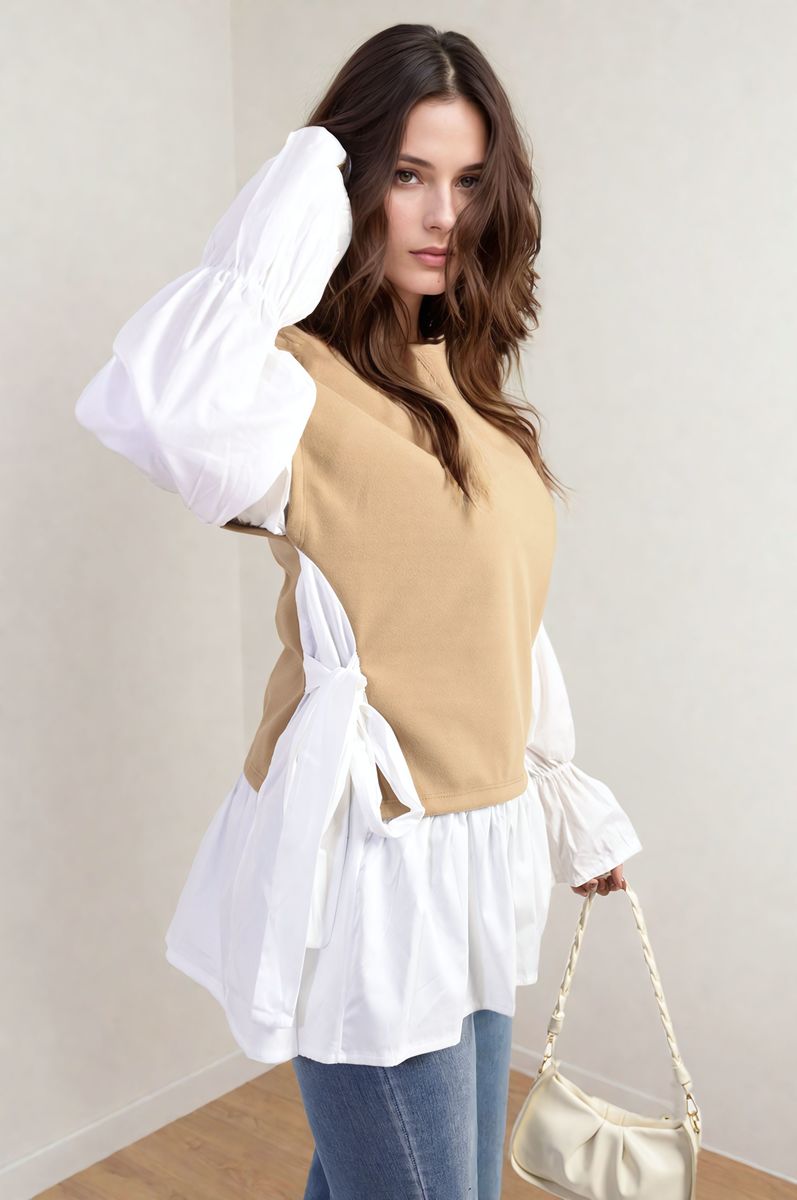 Alicia Side Tie Contrast Long Sleeve Knit Frill Top - 4 colours