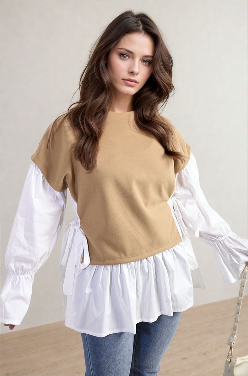 Alicia Side Tie Contrast Long Sleeve Knit Frill Top - 4 colours