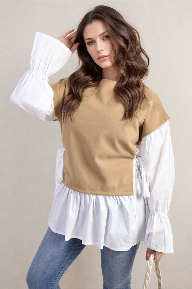 Alicia Side Tie Contrast Long Sleeve Knit Frill Top - 4 colours