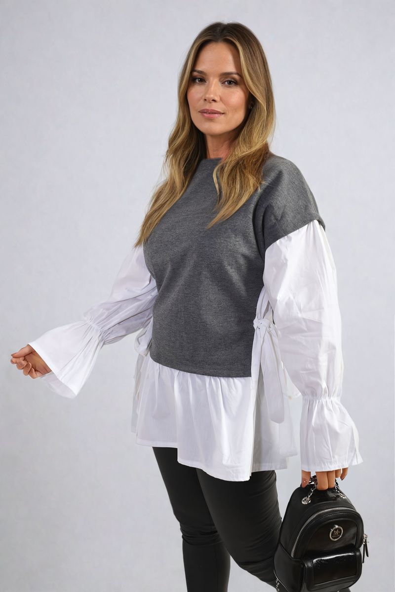 Alicia Side Tie Contrast Long Sleeve Knit Frill Top - 4 colours