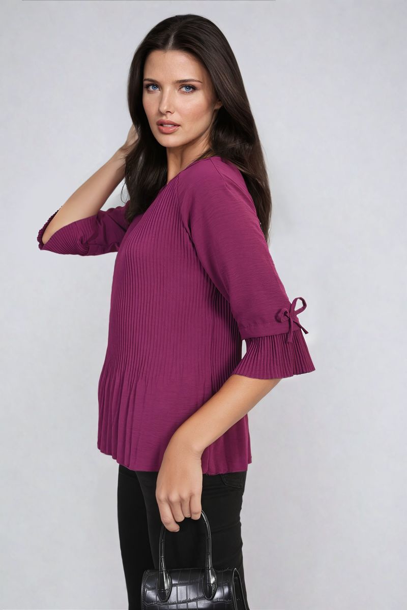 Angela Plisse Pleated Short Bow Sleeve Top - 8 colours