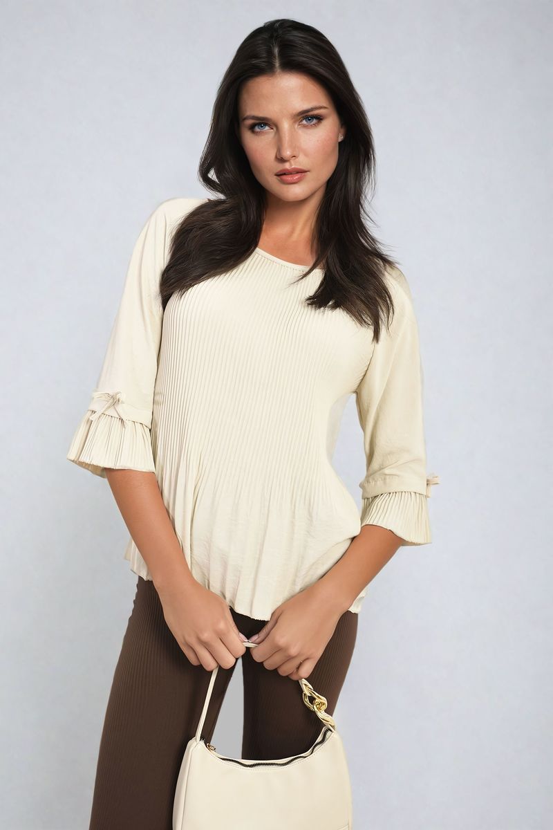 Angela Plisse Pleated Short Bow Sleeve Top - 8 colours