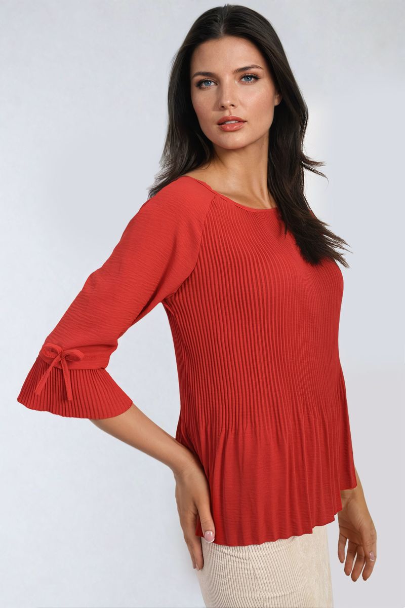 Angela Plisse Pleated Short Bow Sleeve Top - 8 colours