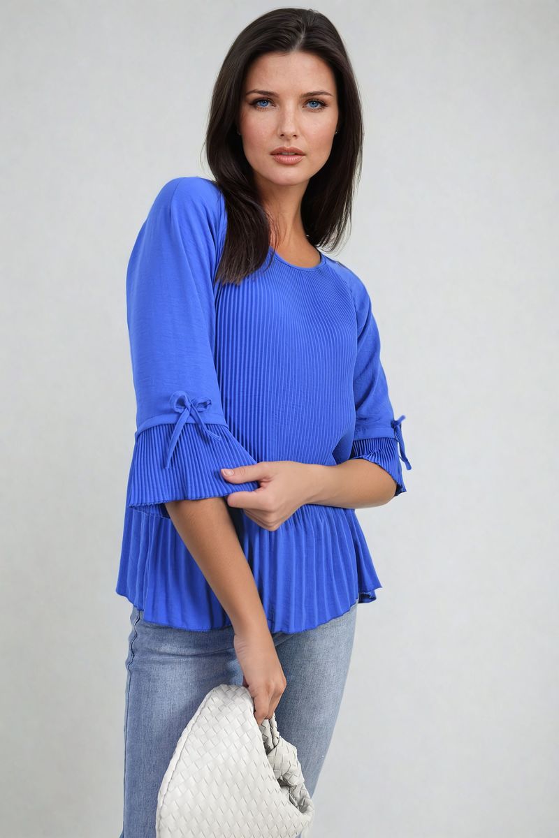 Angela Plisse Pleated Short Bow Sleeve Top - 8 colours