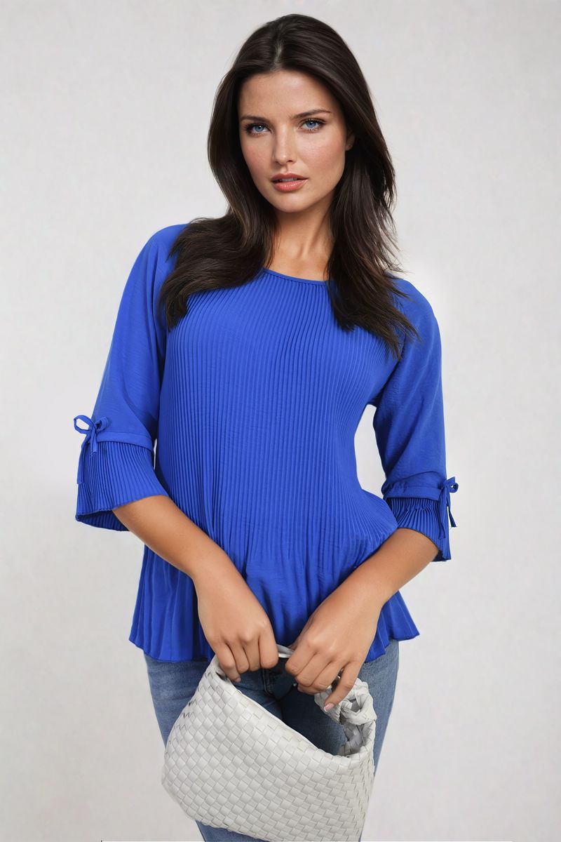 Angela Plisse Pleated Short Bow Sleeve Top - 8 colours