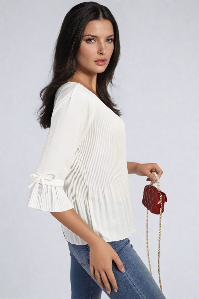 Angela Plisse Pleated Short Bow Sleeve Top - 8 colours