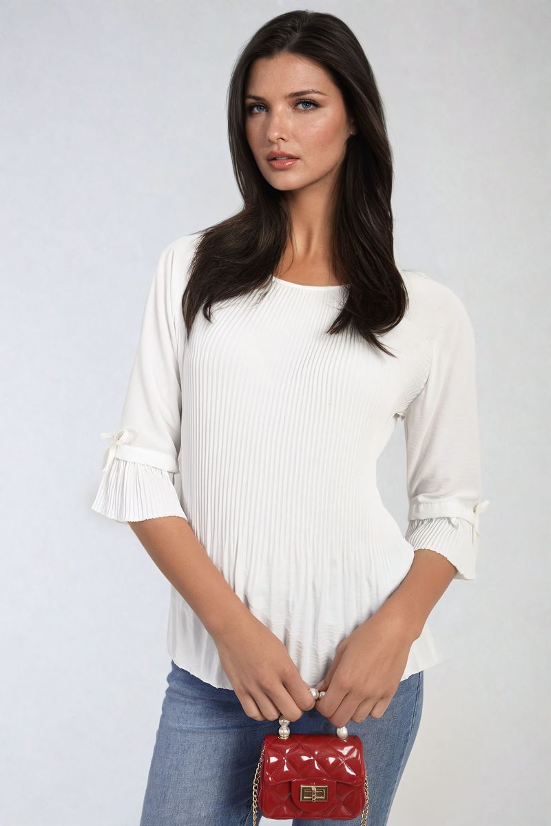 Angela Plisse Pleated Short Bow Sleeve Top - 8 colours