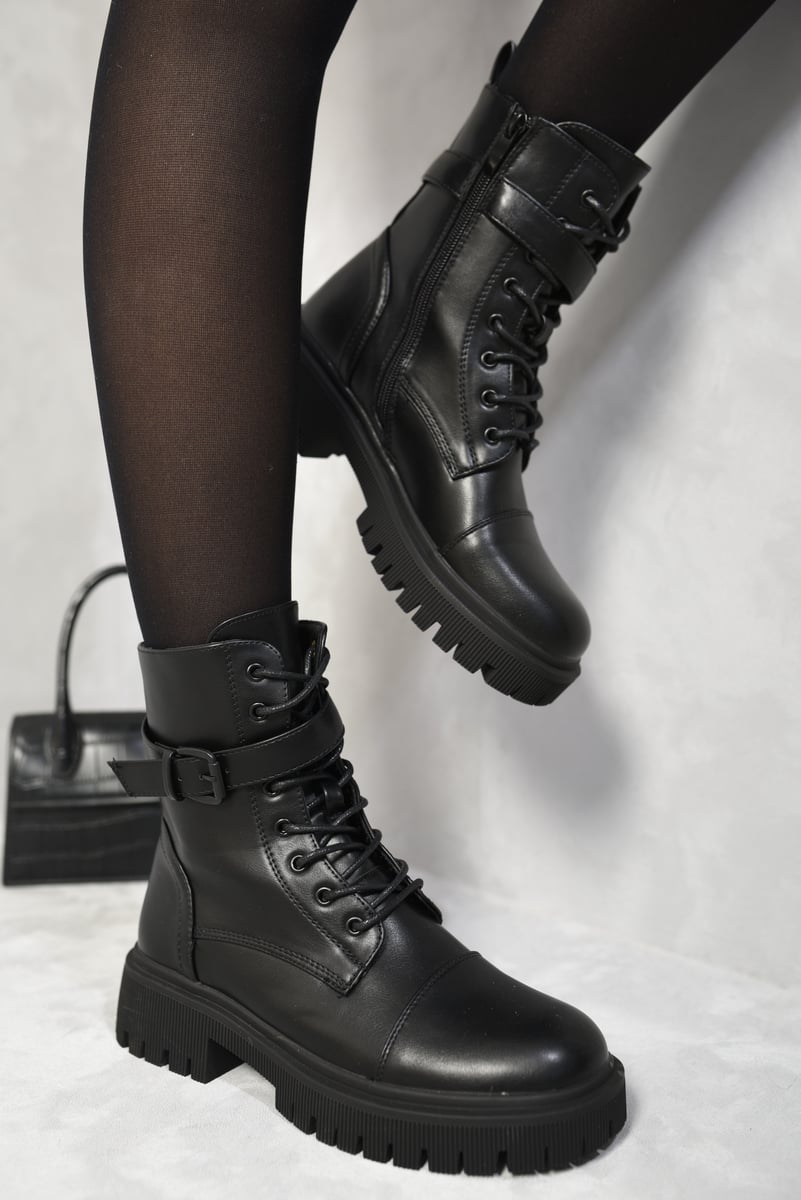 Ariella Lace Up Buckle Chunky Combat Boots - 3 colours