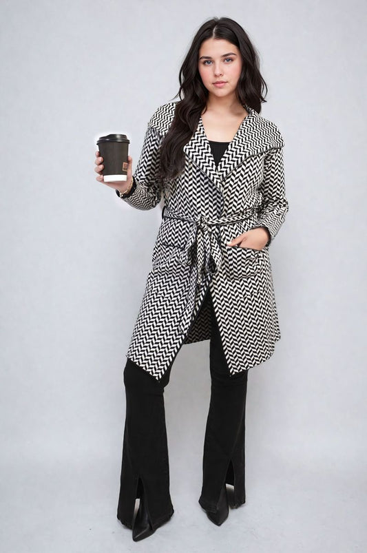 Ava Check Print Full Sleeve Notched Lapel Collar Neck Belted Coat - 2 colours