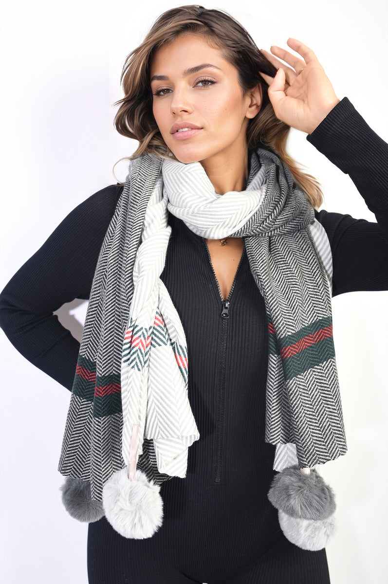 Avah Striped Pompom Tassel Winter Scarf - 2 colours