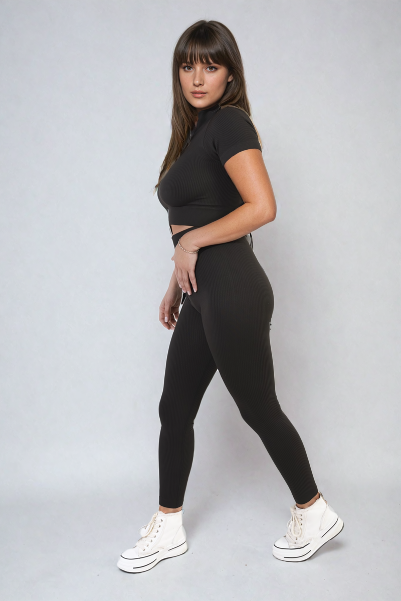 Ayah Ribbed Half Zip Crop Top and High Waist Leggings Co-ord Set - 8 colours