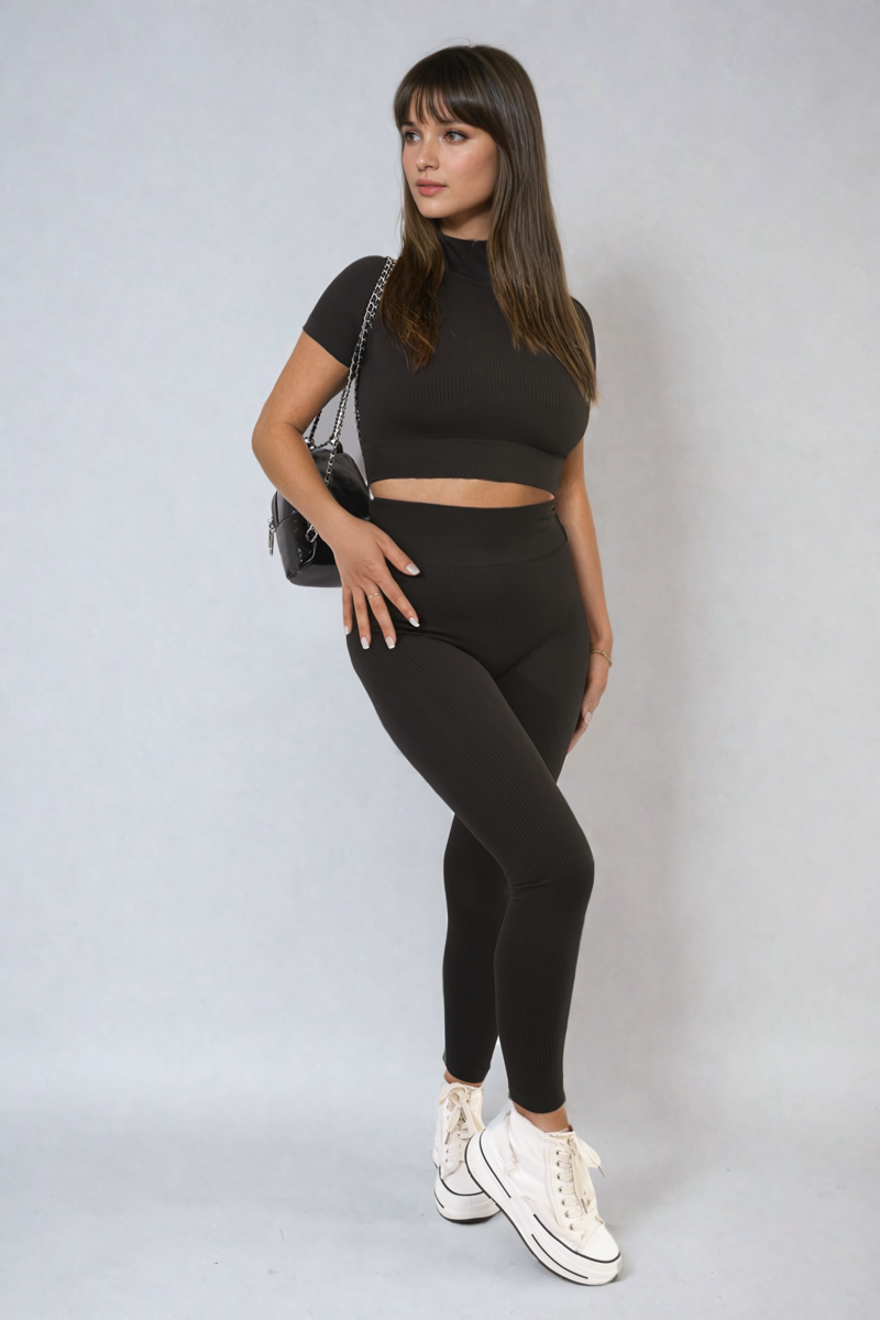 Ayah Ribbed Half Zip Crop Top and High Waist Leggings Co-ord Set - 8 colours