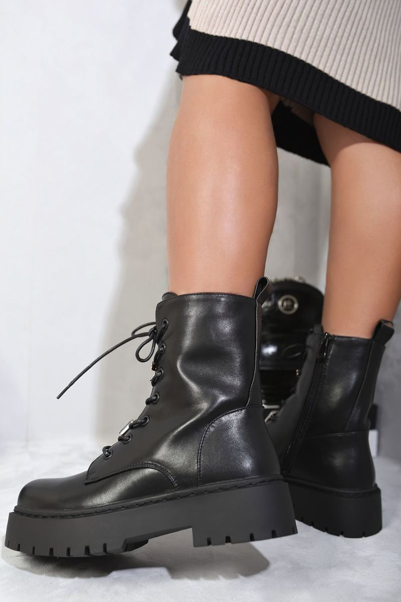 Bailey Zip Lace Up Chunky Biker Boots with Decor Details - 3 colours