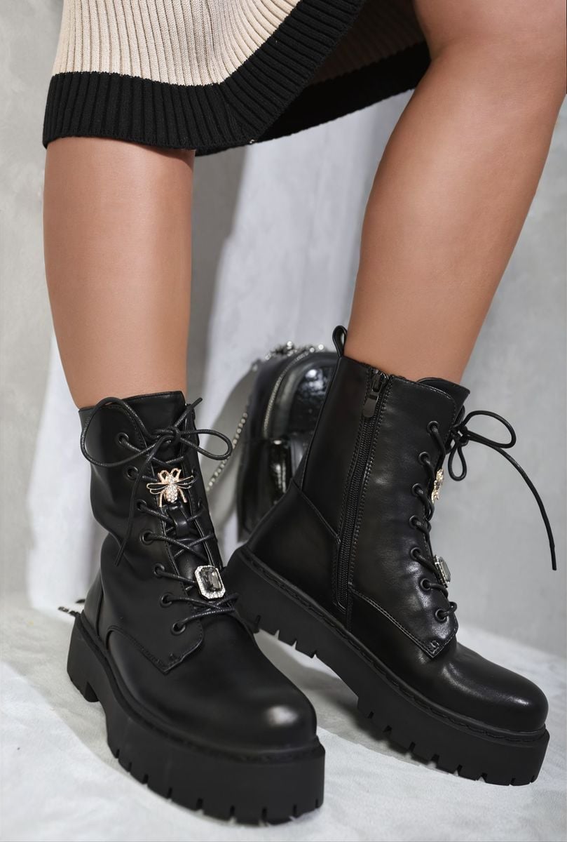 Bailey Zip Lace Up Chunky Biker Boots with Decor Details - 3 colours