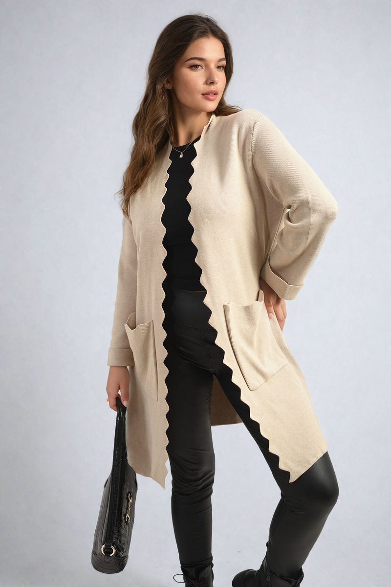 Curve Betty Wave Trim Knitted Cardigan with Front Pockets - 3 colours