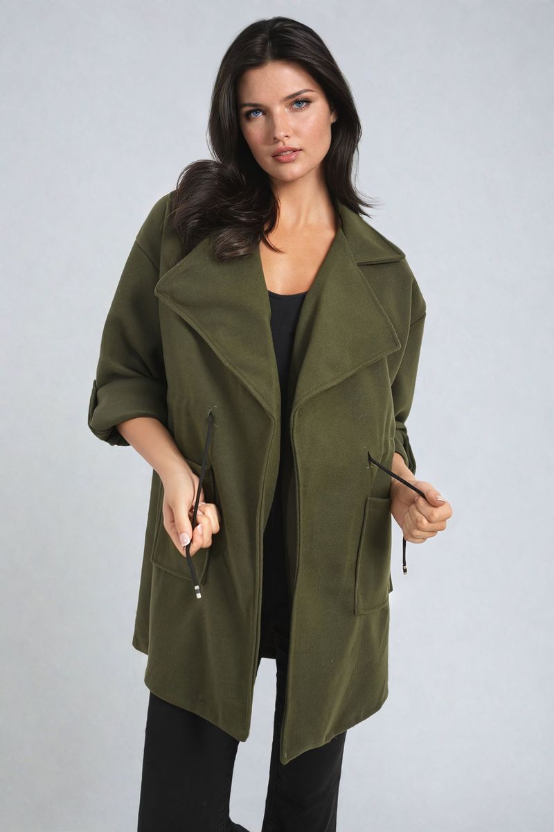 Curve Camryn Roll Tab Sleeve Drawstring Waist Open Front Trench Coat Jacket - 6 colours