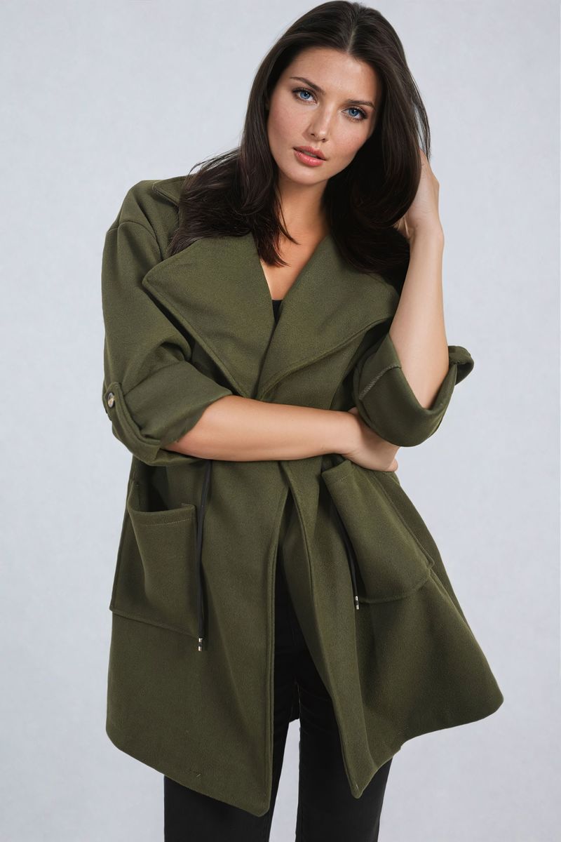 Curve Camryn Roll Tab Sleeve Drawstring Waist Open Front Trench Coat Jacket - 6 colours