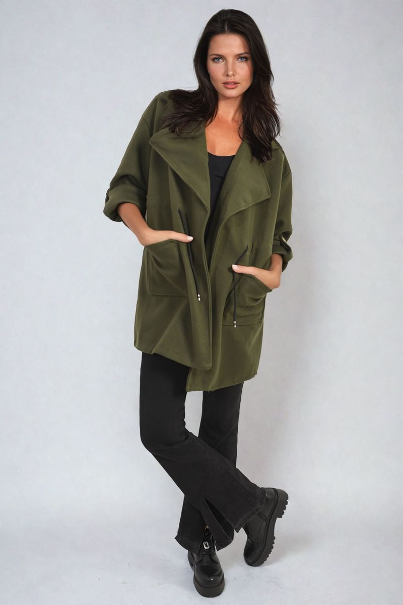 Curve Camryn Roll Tab Sleeve Drawstring Waist Open Front Trench Coat Jacket - 6 colours