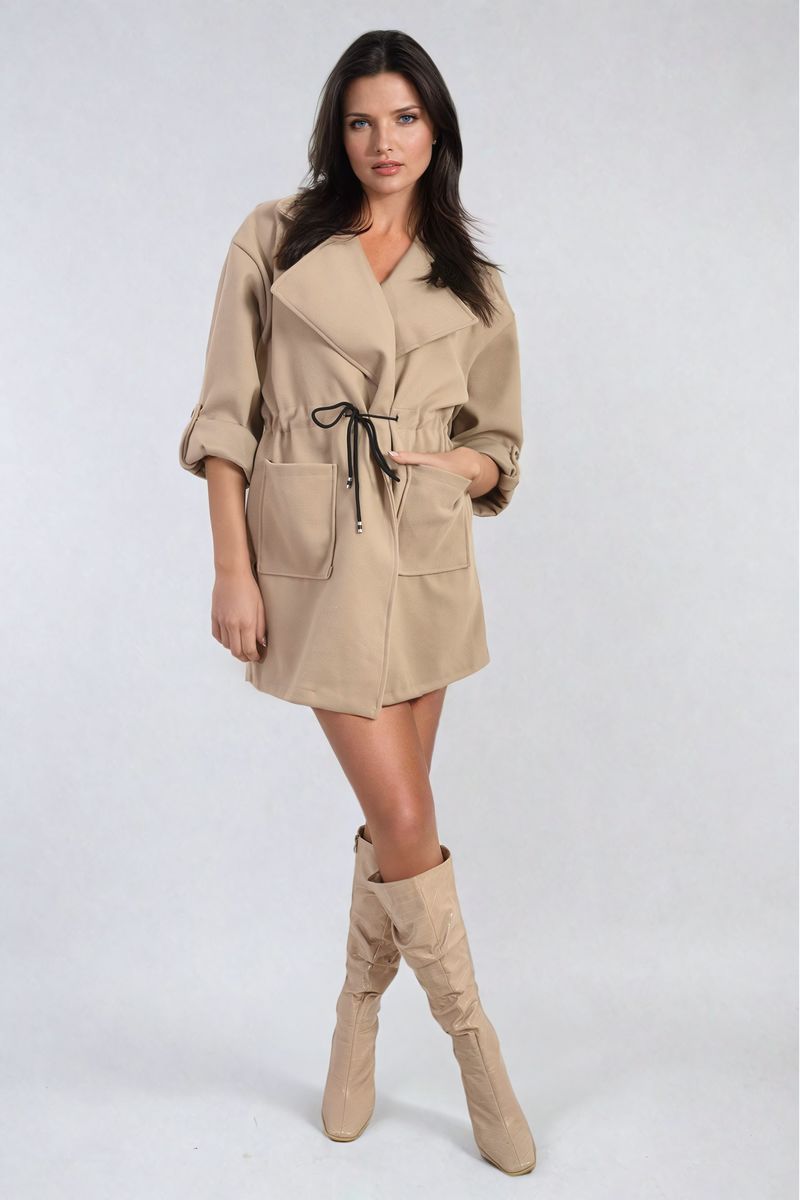 Curve Camryn Roll Tab Sleeve Drawstring Waist Open Front Trench Coat Jacket - 6 colours