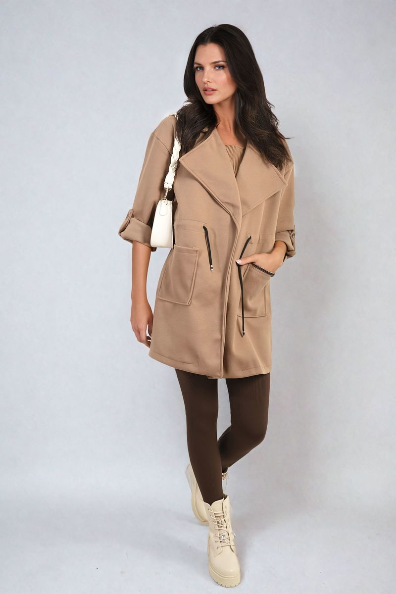 Curve Camryn Roll Tab Sleeve Drawstring Waist Open Front Trench Coat Jacket - 6 colours