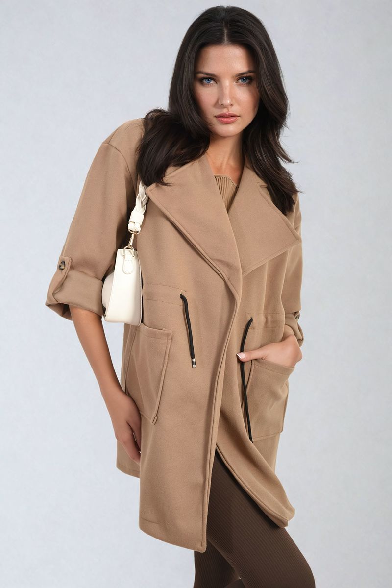 Curve Camryn Roll Tab Sleeve Drawstring Waist Open Front Trench Coat Jacket - 6 colours