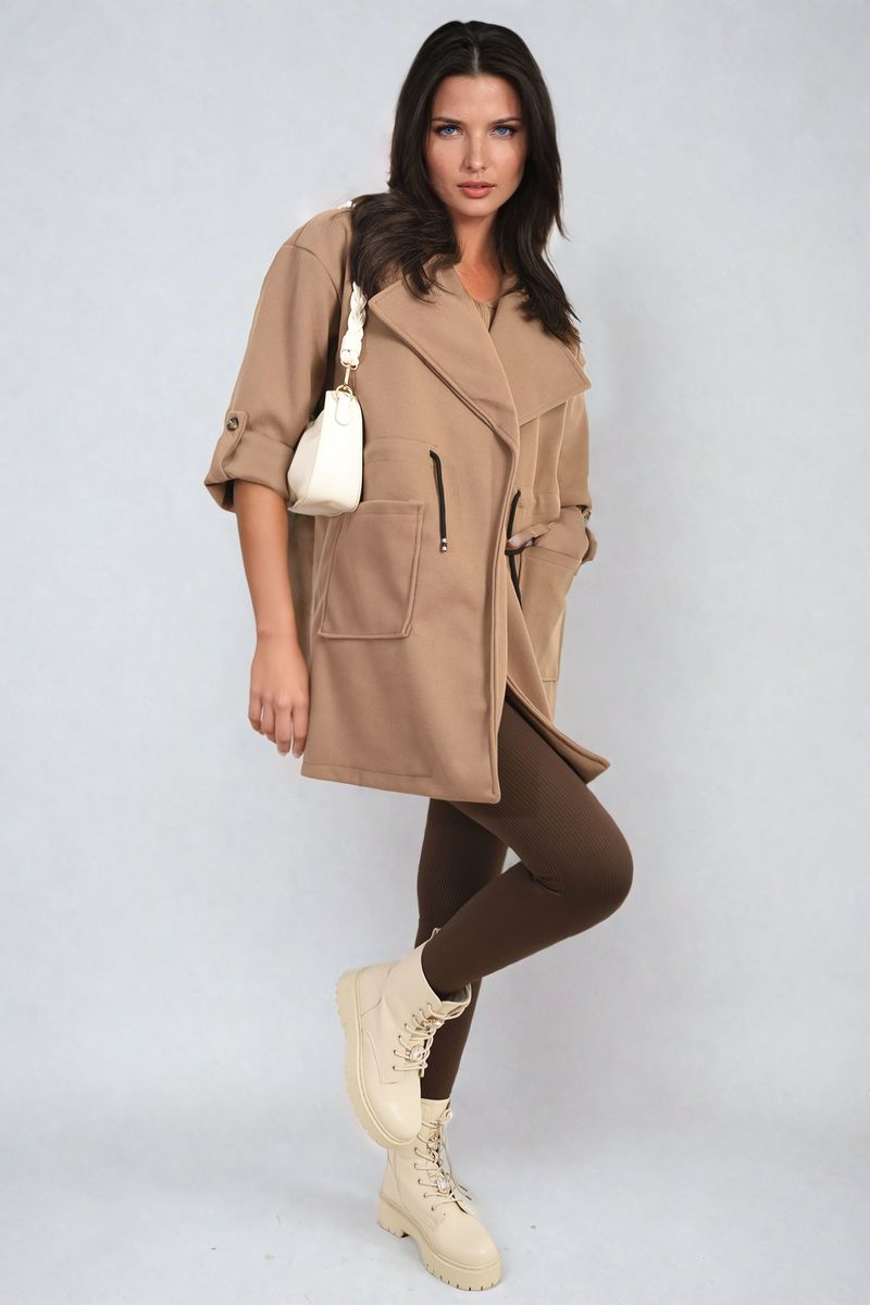 Curve Camryn Roll Tab Sleeve Drawstring Waist Open Front Trench Coat Jacket - 6 colours