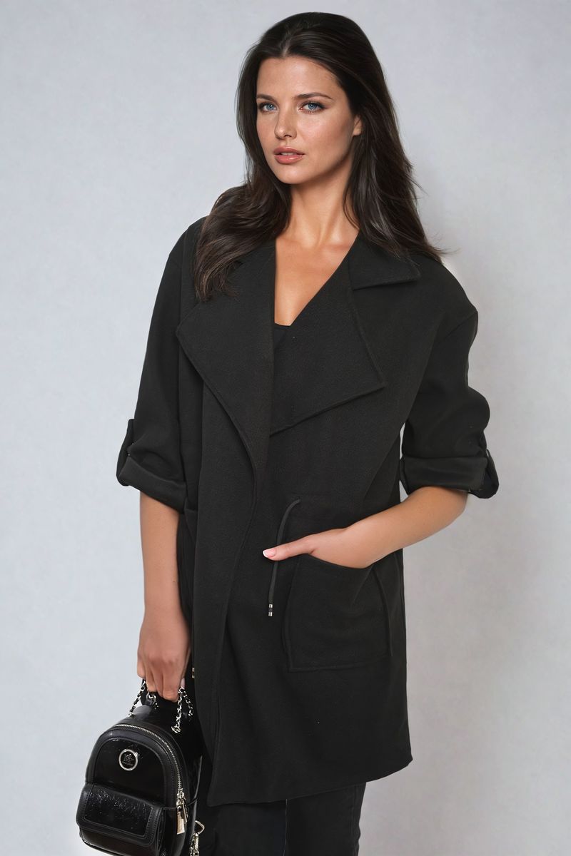 Curve Camryn Roll Tab Sleeve Drawstring Waist Open Front Trench Coat Jacket - 6 colours