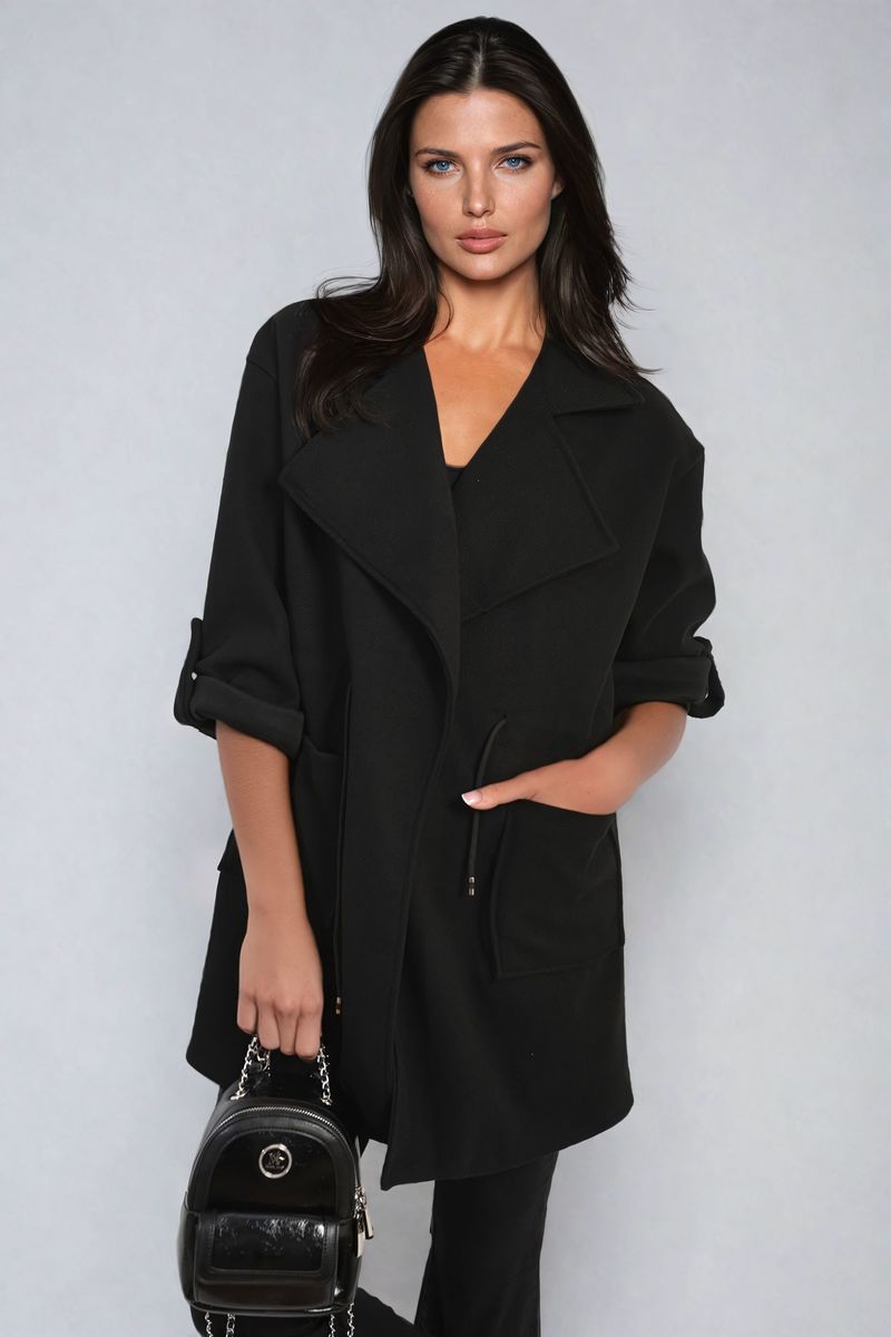 Curve Camryn Roll Tab Sleeve Drawstring Waist Open Front Trench Coat Jacket - 6 colours