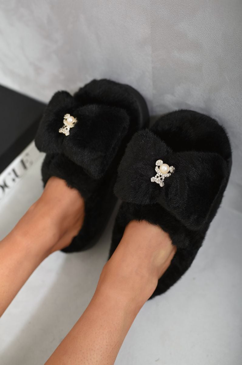 Carmen Teddy Bear Bow Faux Fur Fluffy Slippers - 4 colours