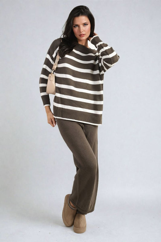 Fatima Knitted Striped Long Sleeve Top and  Pants Co-ord Set - 5 colours