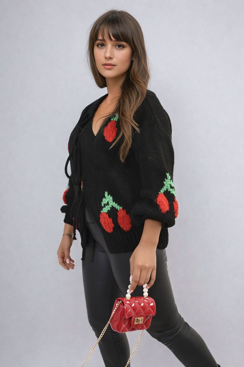 Giselle Tie Front Cherry Print Knitted Cardigan - 4 colours