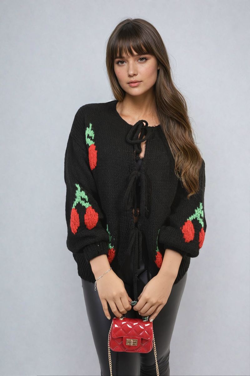 Giselle Tie Front Cherry Print Knitted Cardigan - 4 colours