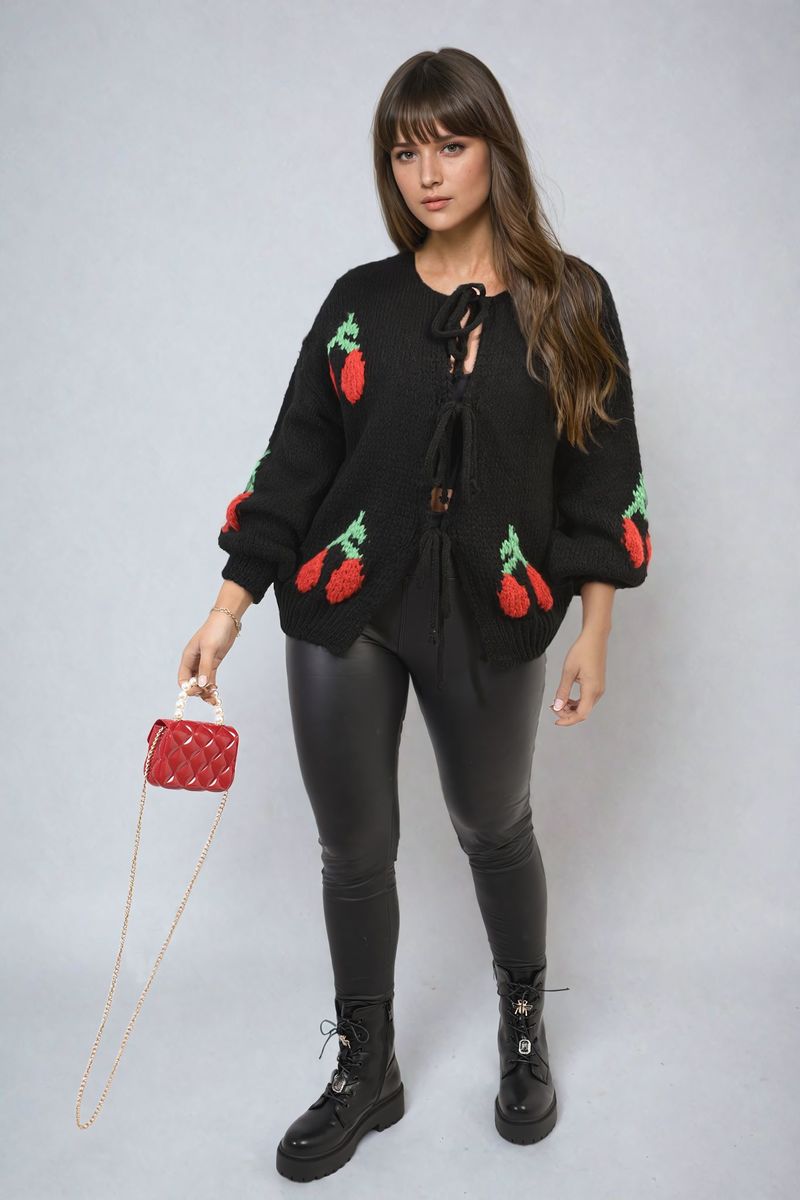 Giselle Tie Front Cherry Print Knitted Cardigan - 4 colours