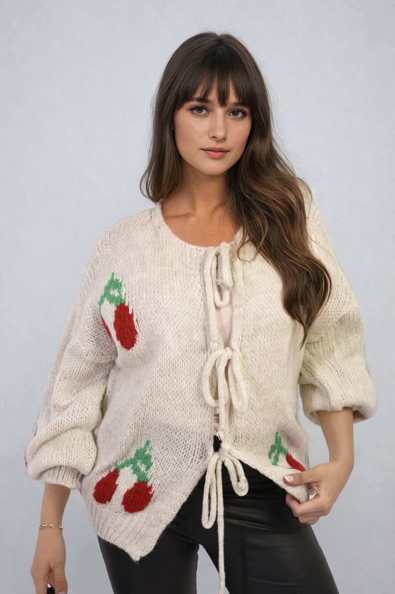 Giselle Tie Front Cherry Print Knitted Cardigan - 4 colours