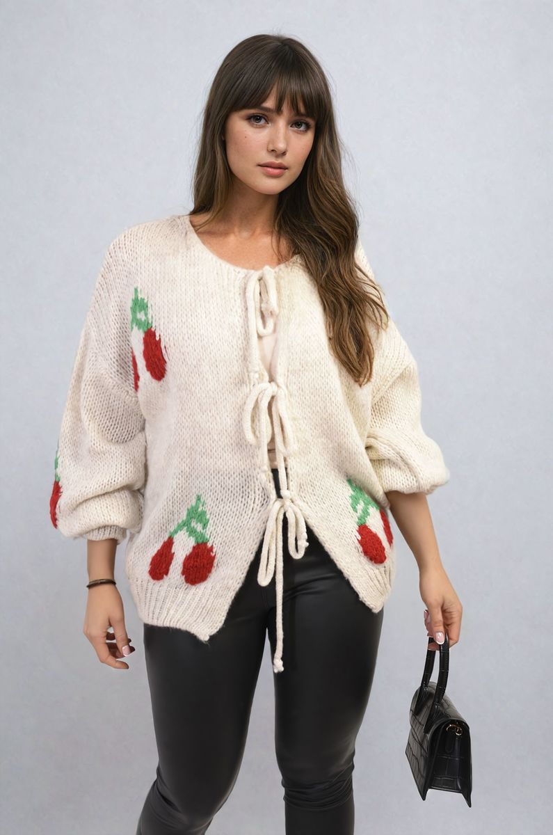 Giselle Tie Front Cherry Print Knitted Cardigan - 4 colours