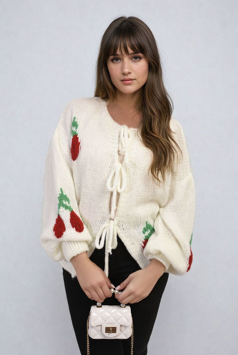 Giselle Tie Front Cherry Print Knitted Cardigan - 4 colours