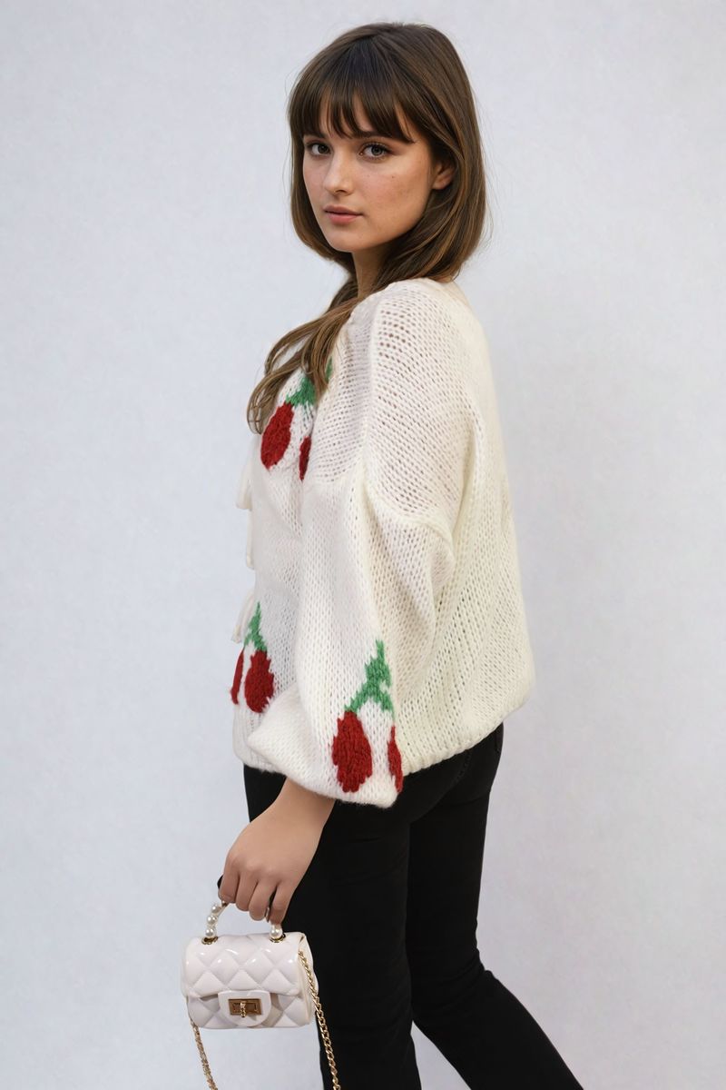 Giselle Tie Front Cherry Print Knitted Cardigan - 4 colours