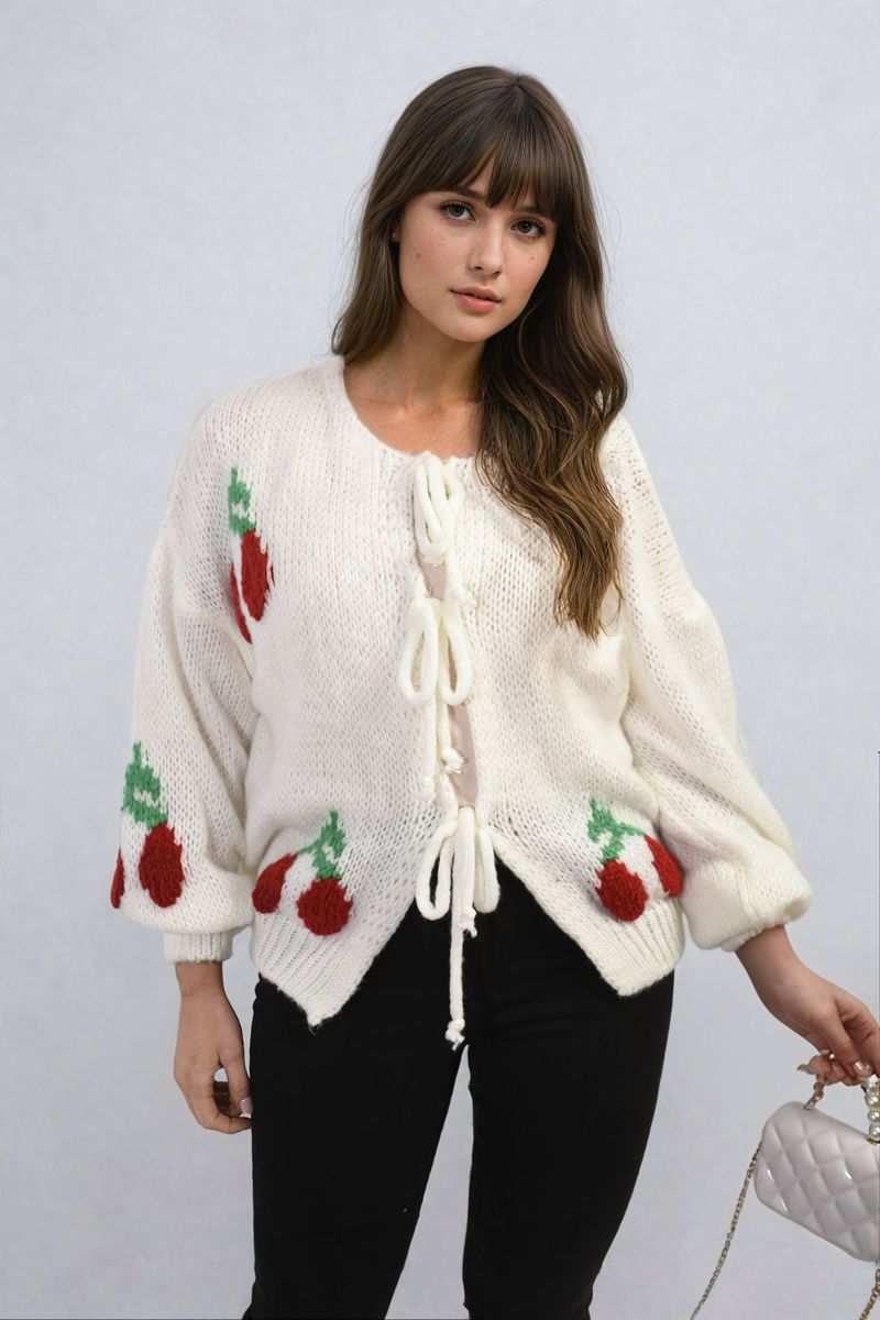 Giselle Tie Front Cherry Print Knitted Cardigan - 4 colours