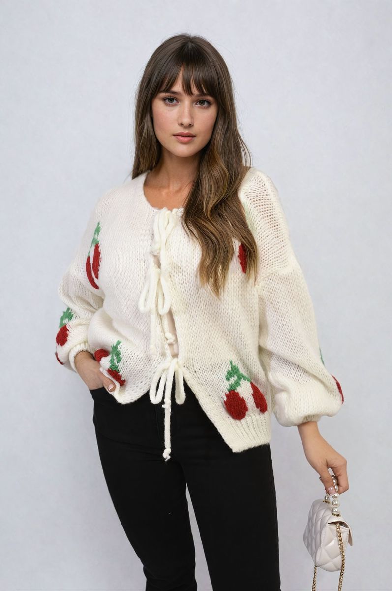 Giselle Tie Front Cherry Print Knitted Cardigan - 4 colours