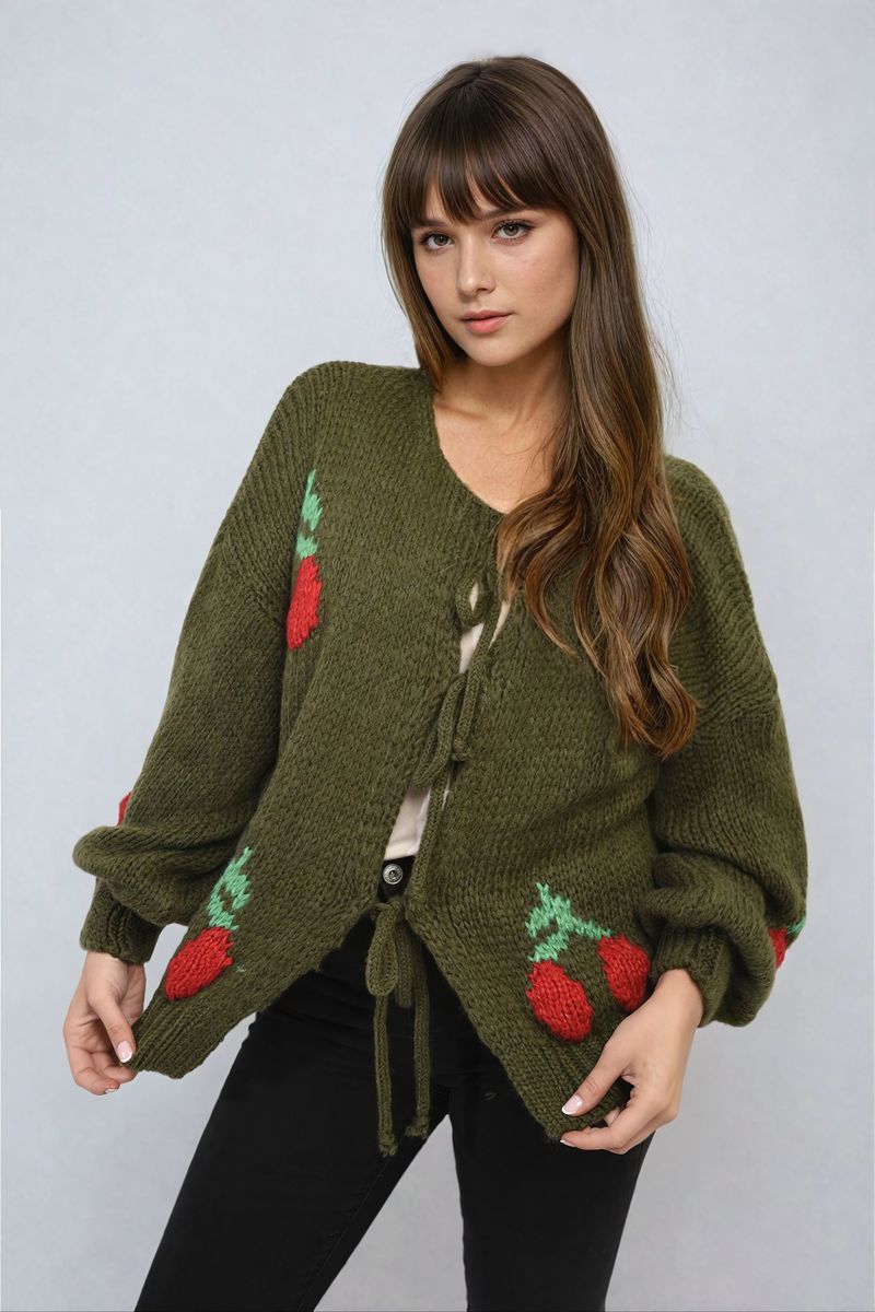 Giselle Tie Front Cherry Print Knitted Cardigan - 4 colours