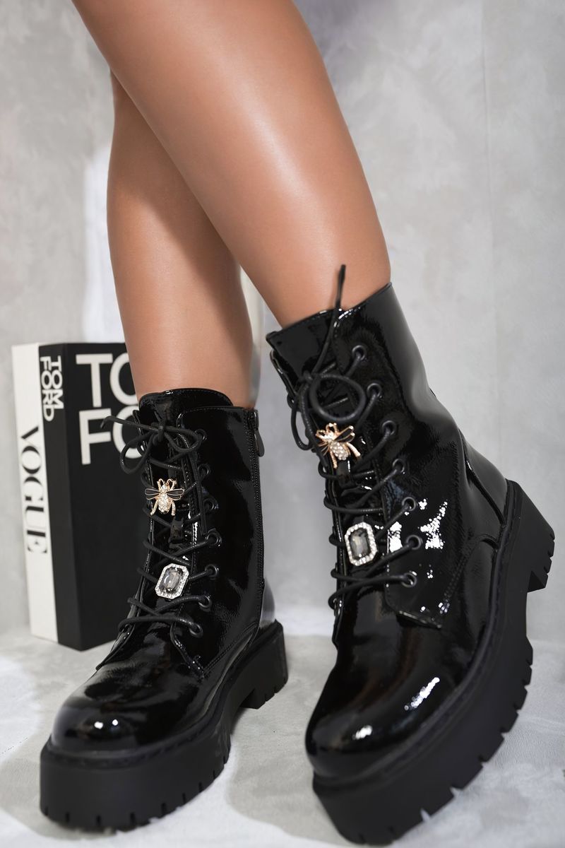 Bailey Zip Lace Up Chunky Biker Boots with Decor Details - 3 colours